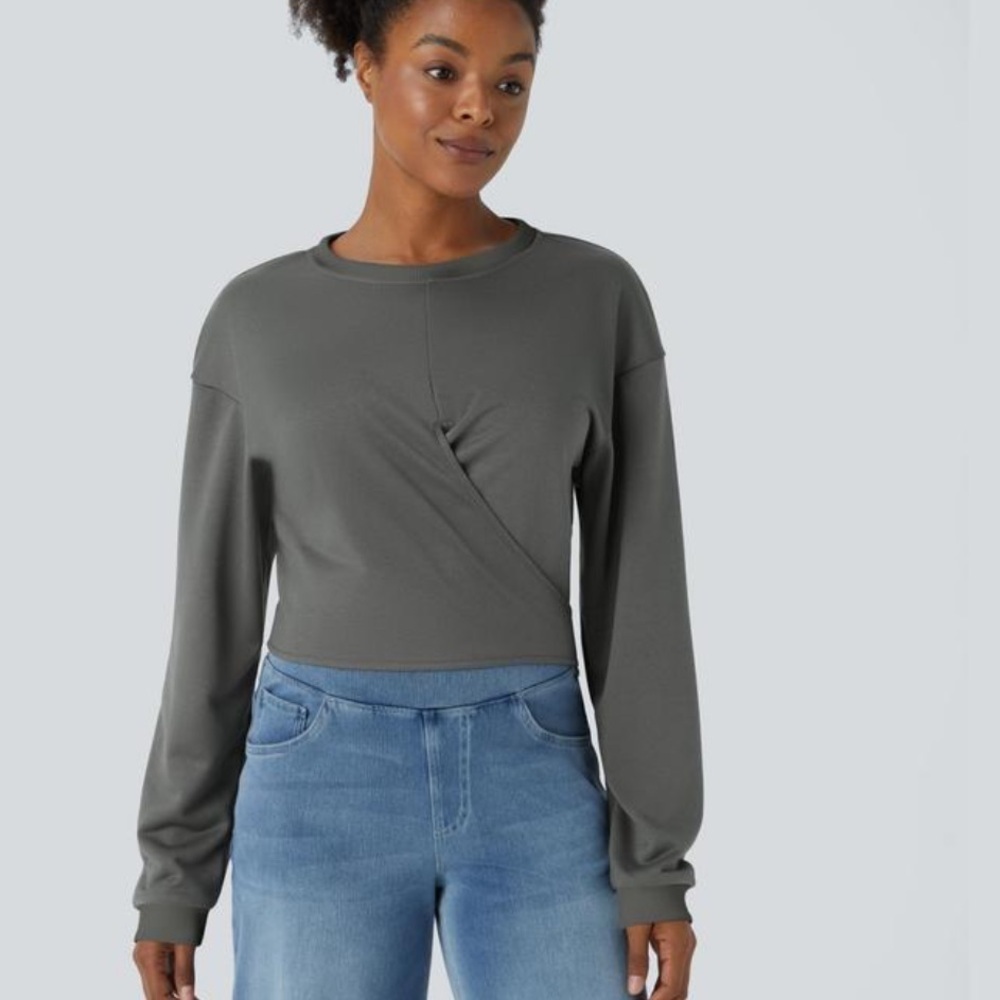 Halara Crossover Tie Back Cropped Casual Sweatshirt In Gunmetal Grey Size Medium